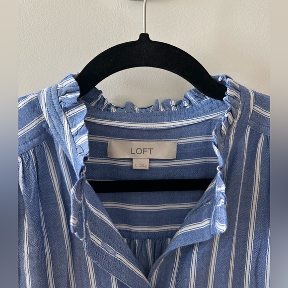 LOFT Blue and White Striped Ruffle Trim Shirt - Picture 6 of 7
